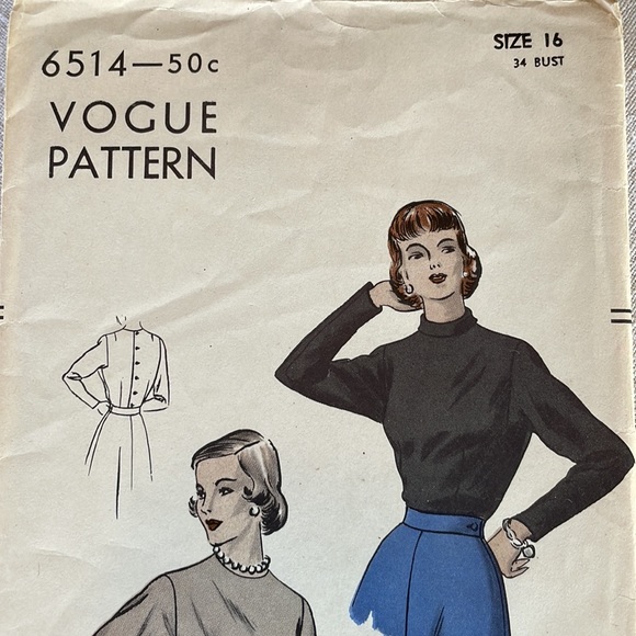 Vogue Pattern 6514, fitted tuck-in blouse w high neck pattern ca 1940s, bust 34 - Picture 2 of 10